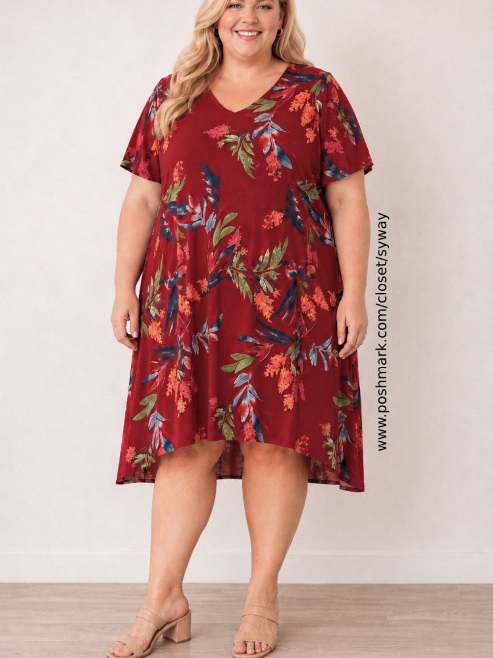Christian Siriano Stretch Tropical Floral V-Neck Dress